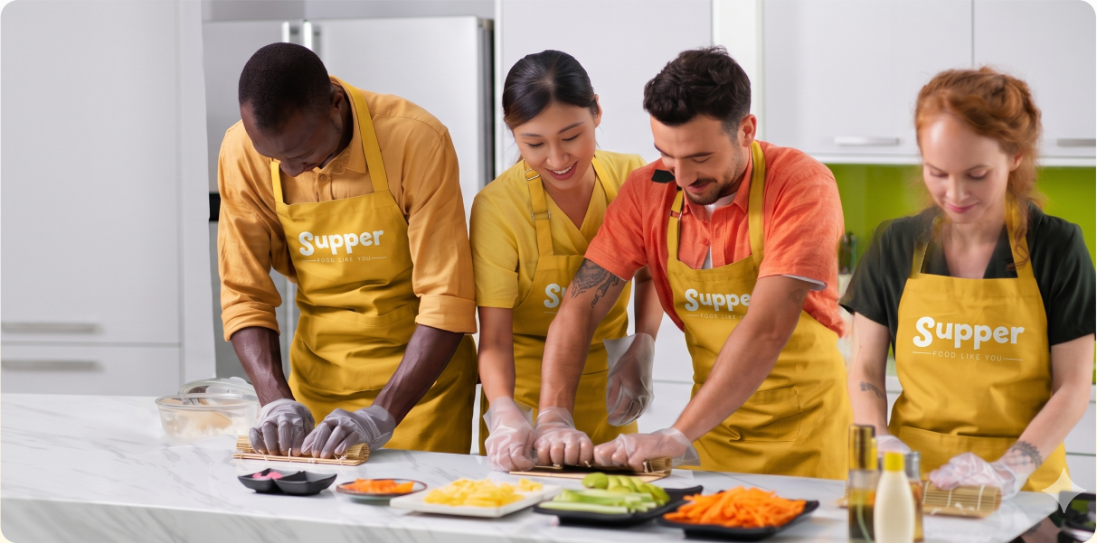 Supper chefs preparing food together in a kitchen