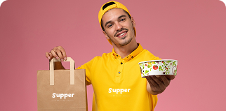 Chef holding takeaway order bags